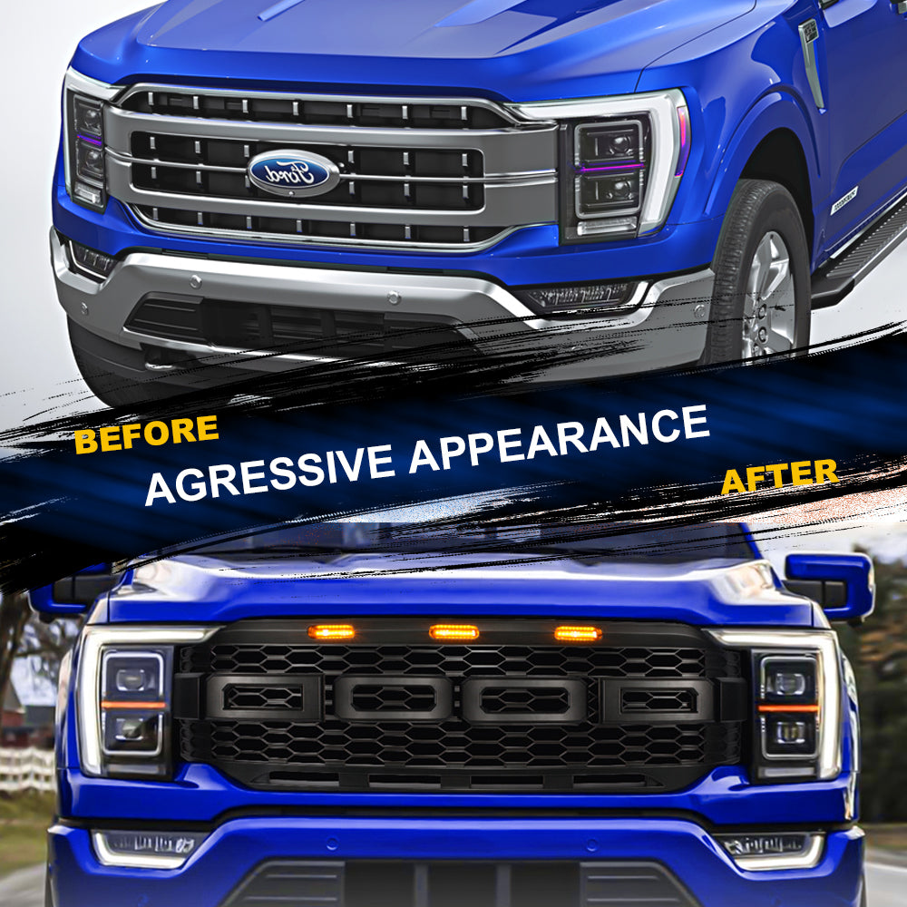 Front Grille For 2021-2022 Ford F150 W/ Lights & Letters | Raptor Style