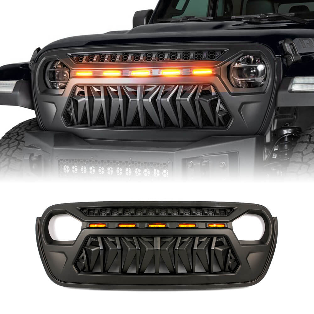 Front Grille For 2018-2022 Jeep Wrangler JL& Gladiator JT W/ Lights | Black